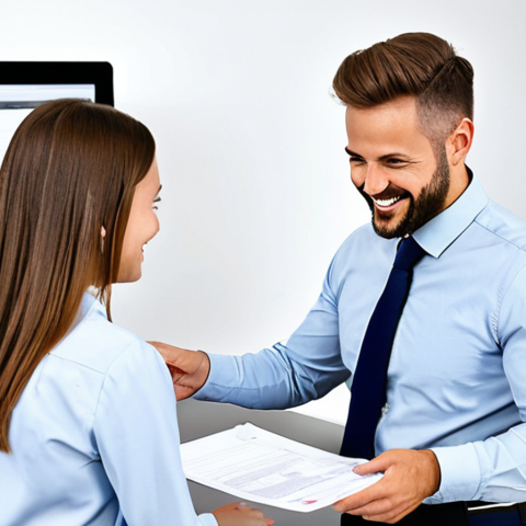 서비스관리사와 업무 피드백 활용 - Feedback & Growth**

"A service manager in a modern, bright office, reviewing documents with a smile...