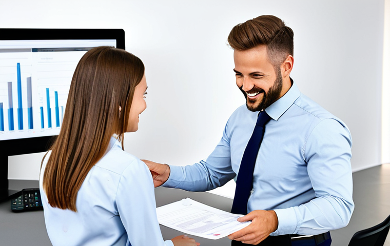 서비스관리사와 업무 피드백 활용 - Feedback & Growth**

"A service manager in a modern, bright office, reviewing documents with a smile...