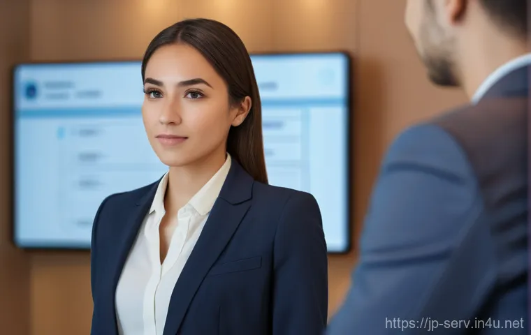 서비스관리사와 클레임 처리 절차 - A professional female customer service representative in her late 20s, wearing a neat business suit....