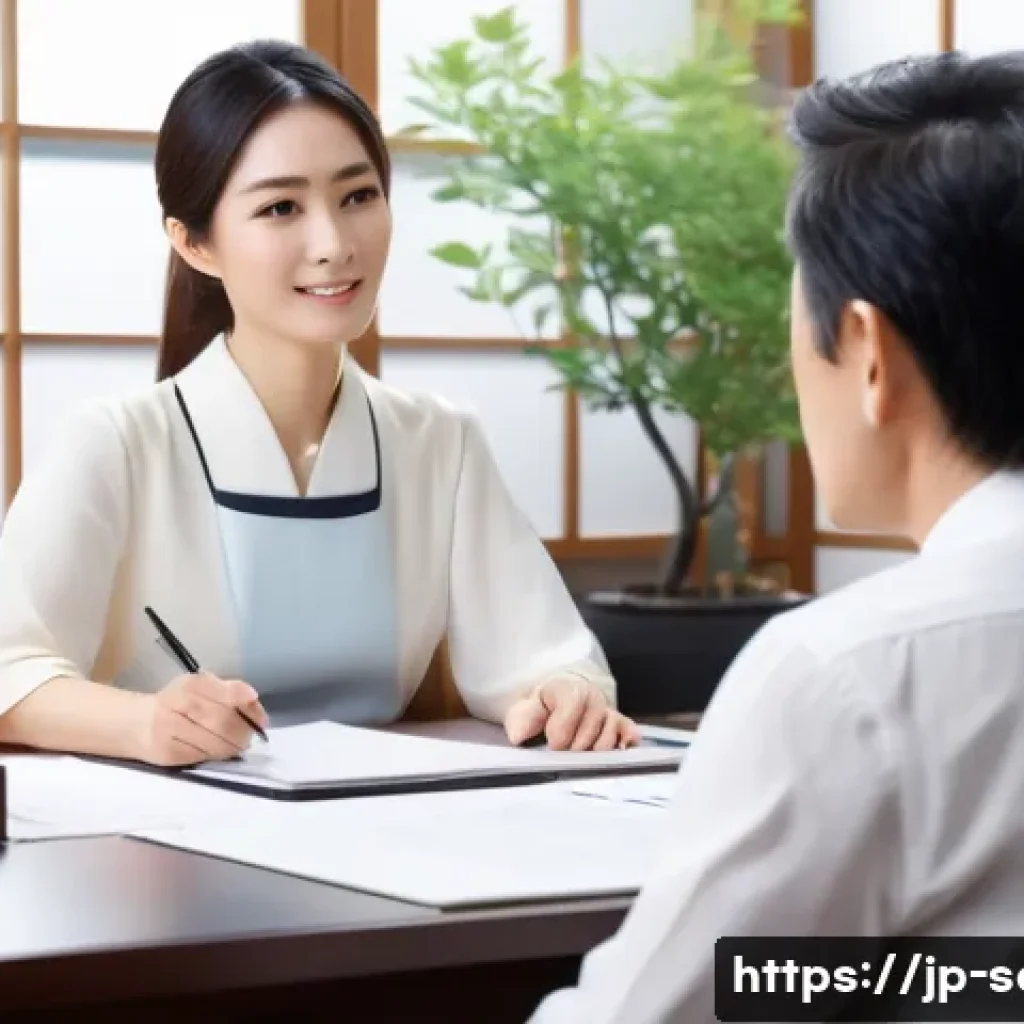 서비스관리사와 고객 불만 사례 분석 - A modern Japanese office scene showing a professional customer service representative attentively li...
