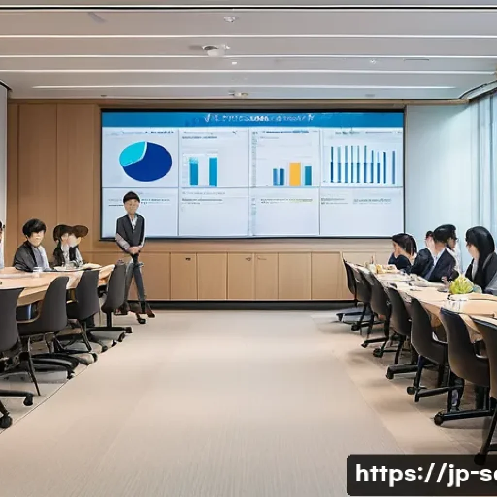 서비스관리사와 사내 서비스 교육 사례 - A modern corporate training room in Japan, filled with diverse employees attentively participating i...