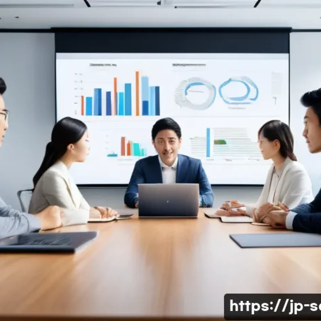서비스관리사와 협력사 관리 - A modern Japanese office meeting scene with diverse professionals collaborating around a conference ...
