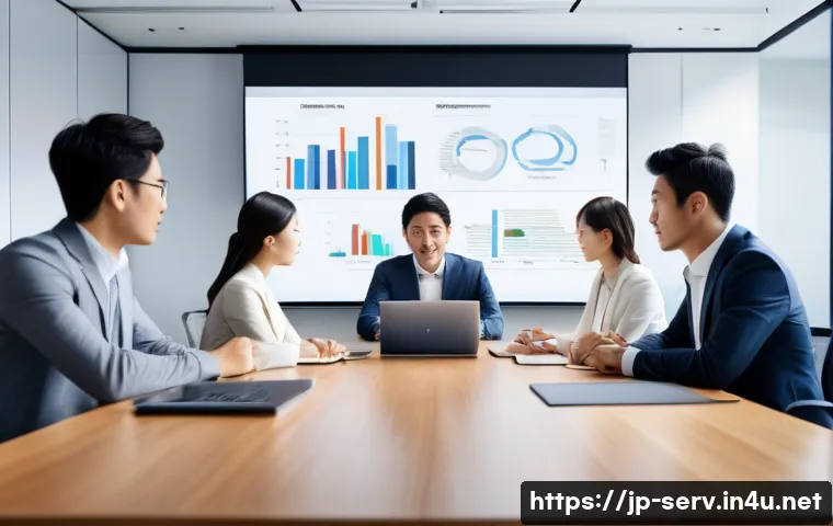 서비스관리사와 협력사 관리 - A modern Japanese office meeting scene with diverse professionals collaborating around a conference ...