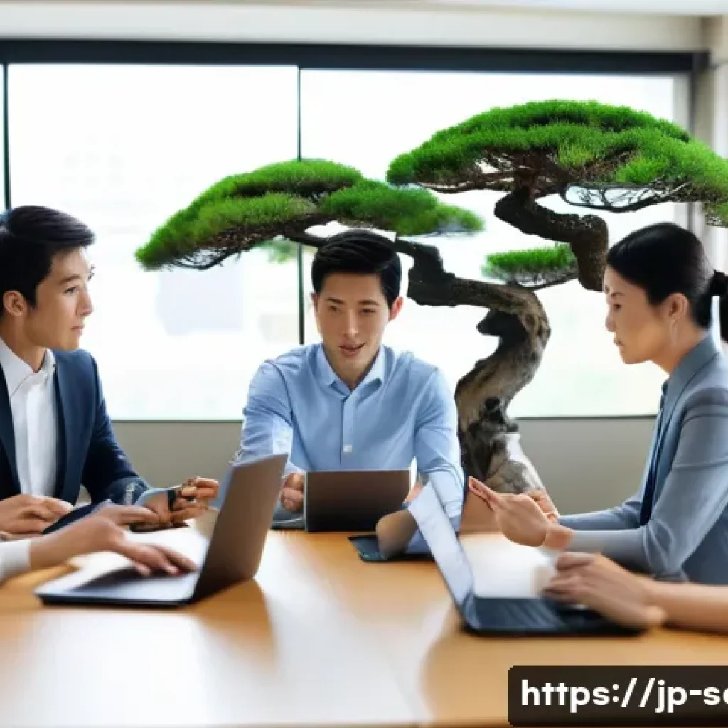 서비스관리사와 리더십 개발 - A modern Japanese office setting with a diverse team of professionals engaged in a constructive feed...