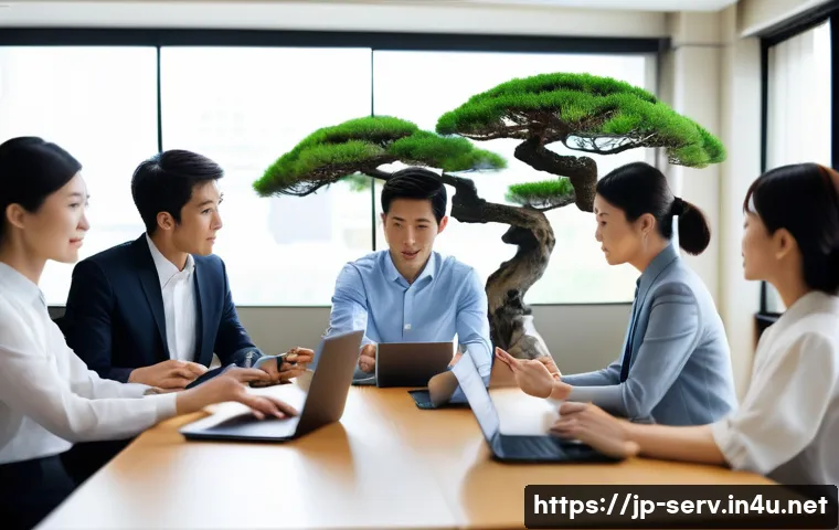 서비스관리사와 리더십 개발 - A modern Japanese office setting with a diverse team of professionals engaged in a constructive feed...