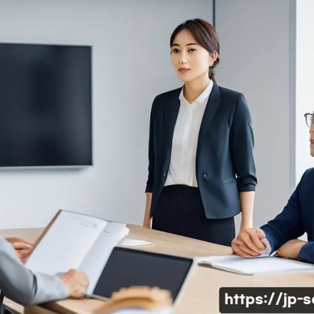 서비스관리사와 직장 내 관계 관리 - A diverse group of Japanese office workers in a modern meeting room, attentively listening to a fema...
