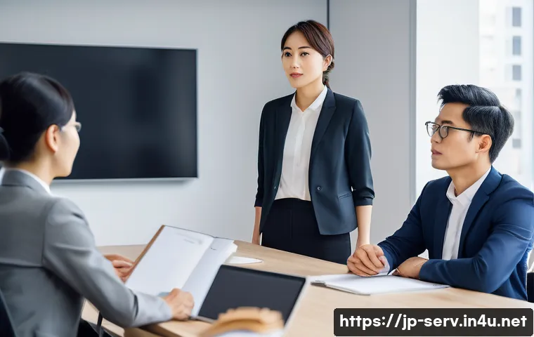 서비스관리사와 직장 내 관계 관리 - A diverse group of Japanese office workers in a modern meeting room, attentively listening to a fema...