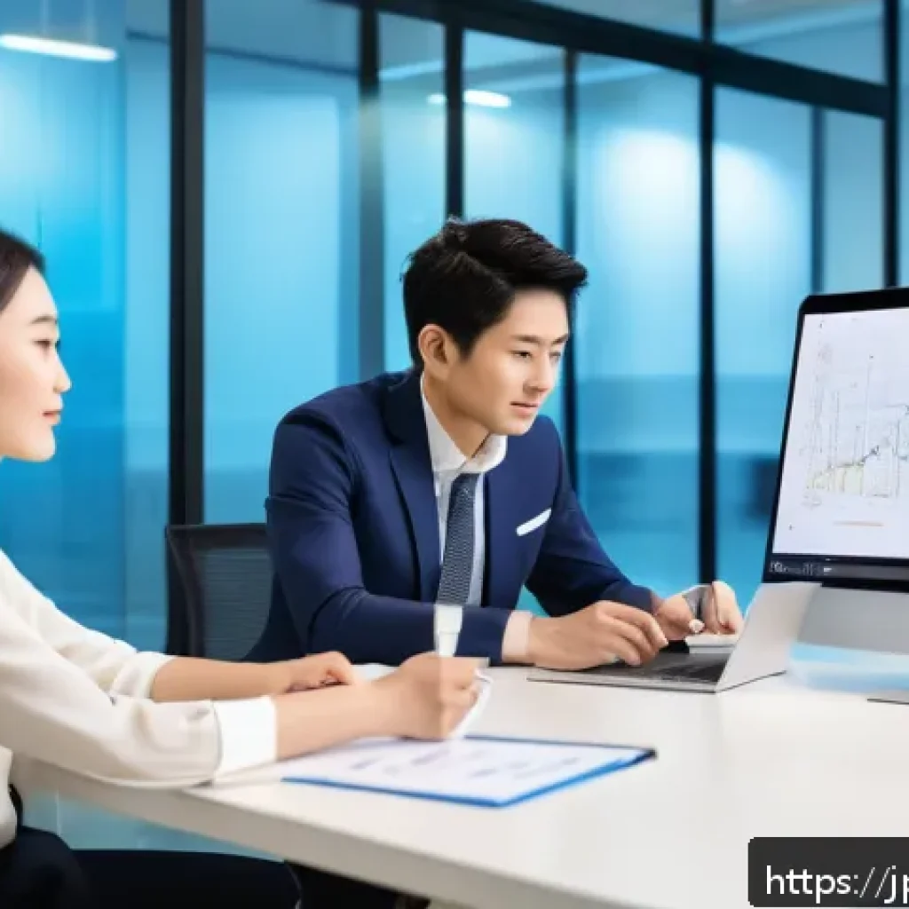 서비스관리사와 고객 참여 촉진 - A modern Japanese office setting with diverse professionals collaborating in a bright meeting room, ...