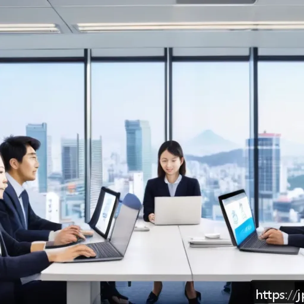 서비스관리사와 고객 만족도 조사 - A modern Japanese office scene focused on a team analyzing customer satisfaction survey data on mult...