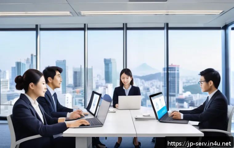 서비스관리사와 고객 만족도 조사 - A modern Japanese office scene focused on a team analyzing customer satisfaction survey data on mult...