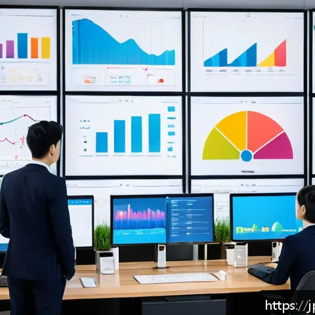 서비스관리사와 업무 성과 분석 - A modern Japanese office scene with a diverse team of professionals gathered around a large digital ...