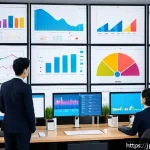 서비스관리사와 업무 성과 분석 - A modern Japanese office scene with a diverse team of professionals gathered around a large digital ...