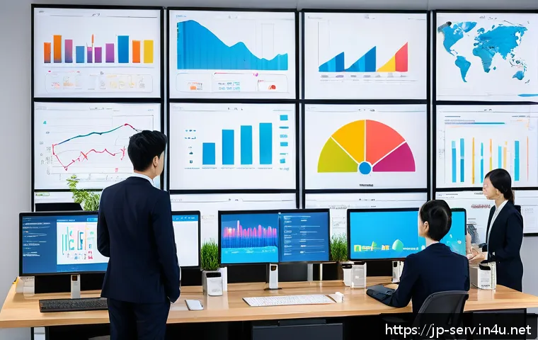 서비스관리사와 업무 성과 분석 - A modern Japanese office scene with a diverse team of professionals gathered around a large digital ...