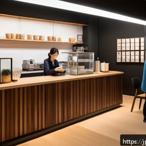 서비스관리사와 고객 여정 맵 작성 - A modern Japanese café interior bustling with diverse customers of various ages and genders, each sh...