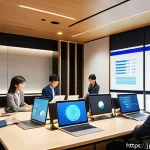 서비스관리사와 서비스 개선 프로젝트 - A modern Japanese office scene showing a diverse team of professional employees gathered around a sl...