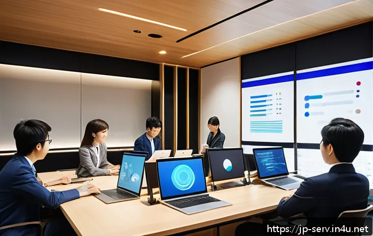 서비스관리사와 서비스 개선 프로젝트 - A modern Japanese office scene showing a diverse team of professional employees gathered around a sl...