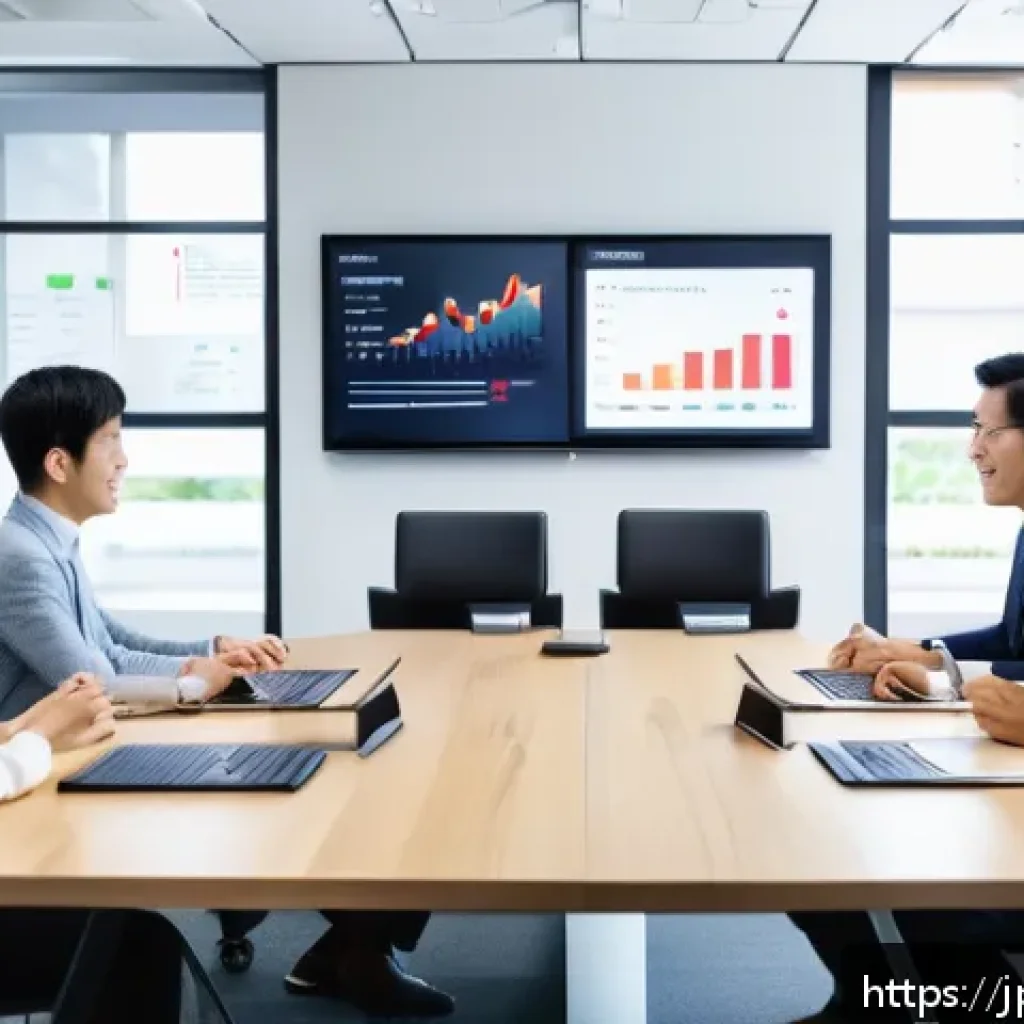 서비스관리사와 고객 중심 디자인 - A modern Japanese office scene showing a diverse team engaged in a lively meeting around a sleek con...