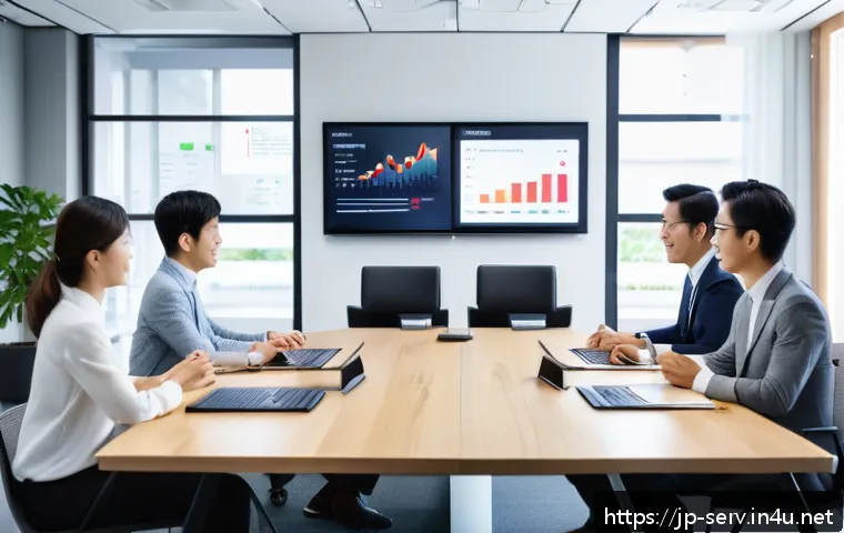서비스관리사와 고객 중심 디자인 - A modern Japanese office scene showing a diverse team engaged in a lively meeting around a sleek con...