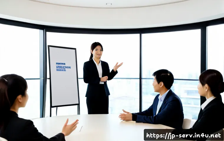 서비스관리사와 효과적인 발표 스킬 - Photorealistic Japanese service manager delivering a confident presentation in a bright modern meeti...