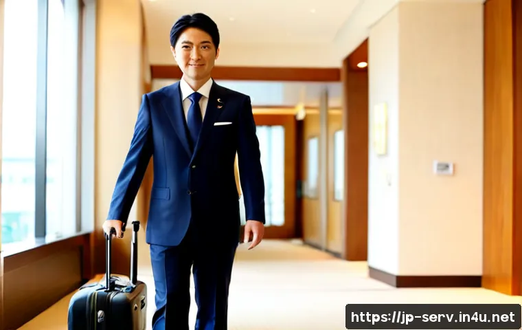서비스관리사 자격증으로 진출 가능한 분야 - Photorealistic Japanese hotel service manager welcoming arriving guests in an elegant modern hotel l...